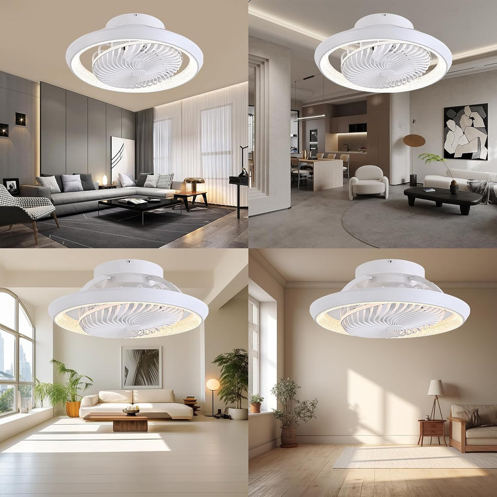 Deckenventilator mit Beleuchtung leise 360° Drehbar, 49cm Moderne Deckenlampe mit Ventilator und Fernbedienung, APP Steuerung, 6 Windstufen, DC Motor, für Schlafzimmer, Weiß