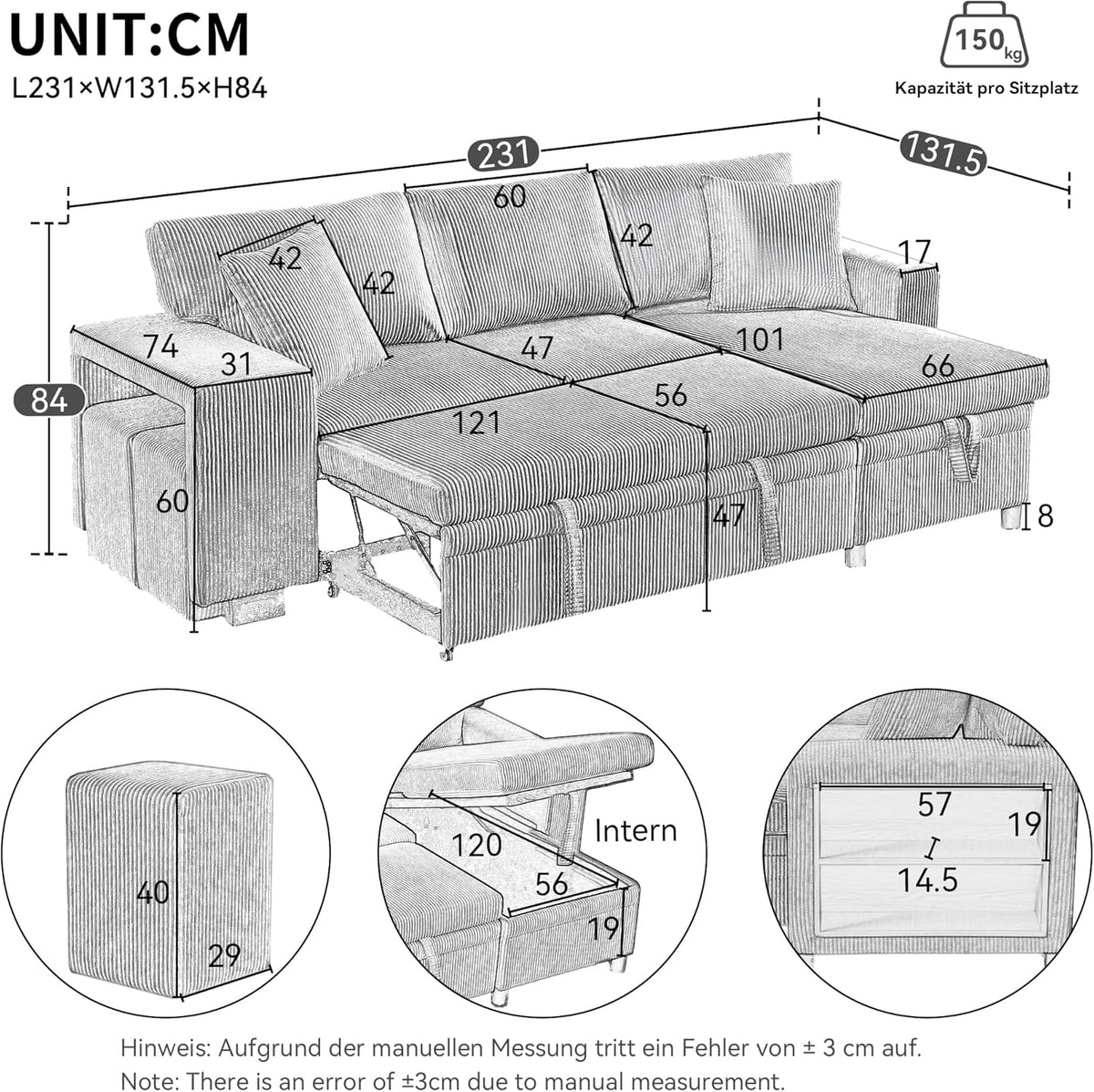 Klappsofa mit Schlaffunktion, L-förmiges umbaubares Ecksofa mit USB-Ladeanschluss und Kissen, 3-Sitzer-Umbausofa mit Seitenablagen und Stauraum
