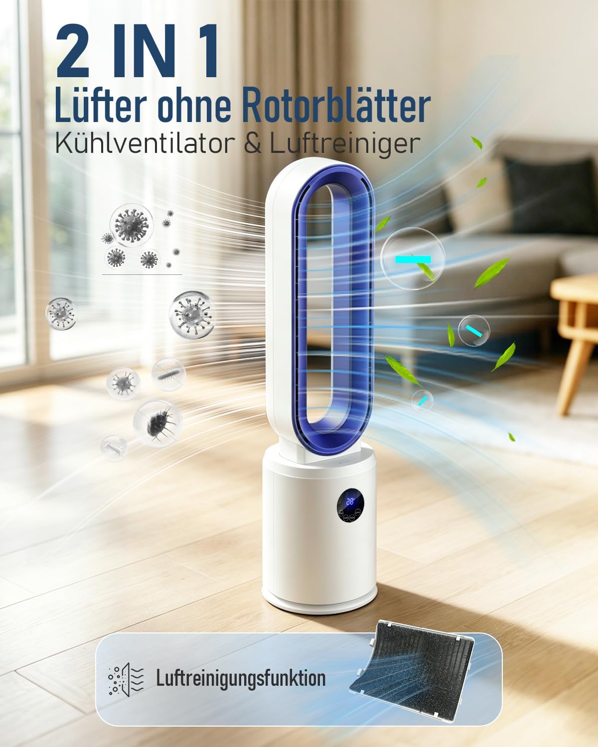 Rotorloser Ventilator, 24 Stufen Leiser Turmventilator Mit Fernbedienung & 12h Timer, Energiesparender DC-Motor, LED Display 60° Oszillierend Luftreinigung Für Schlafzimmer, Büro (Blau)