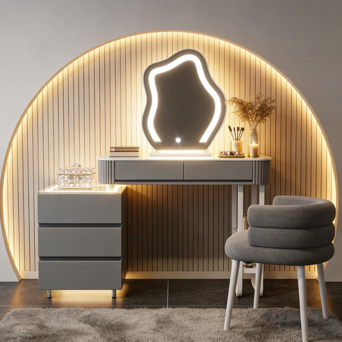 Schminktisch Mit Beleuchtung Und Hocker,Moderner Frisiertisch Mit Kabelloser Aufladung,Bluetooth-Audio,Schminktisch Mit Spiegel,3 Farben,Für Das Schlafzimmer (Graues Schminktisch-Set)