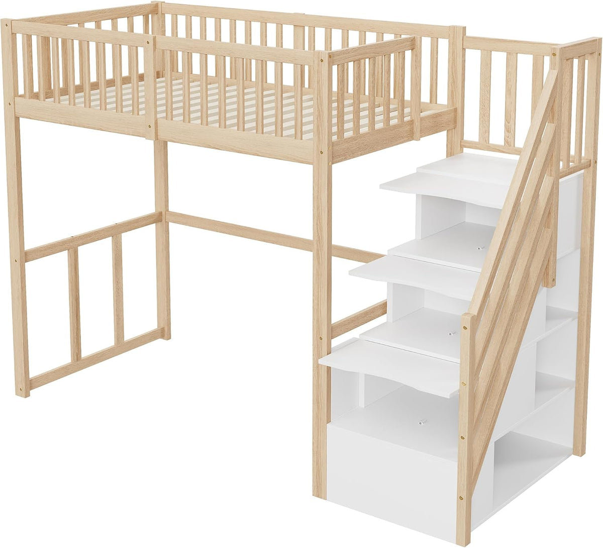 Moimhear Hochbett 90x200cm mit Sicherheits-Aufbewahrungsleiter, Bettgestell aus massivem Kiefernholz für Kinder und Jugendliche (Holzfarbe + Weiß)