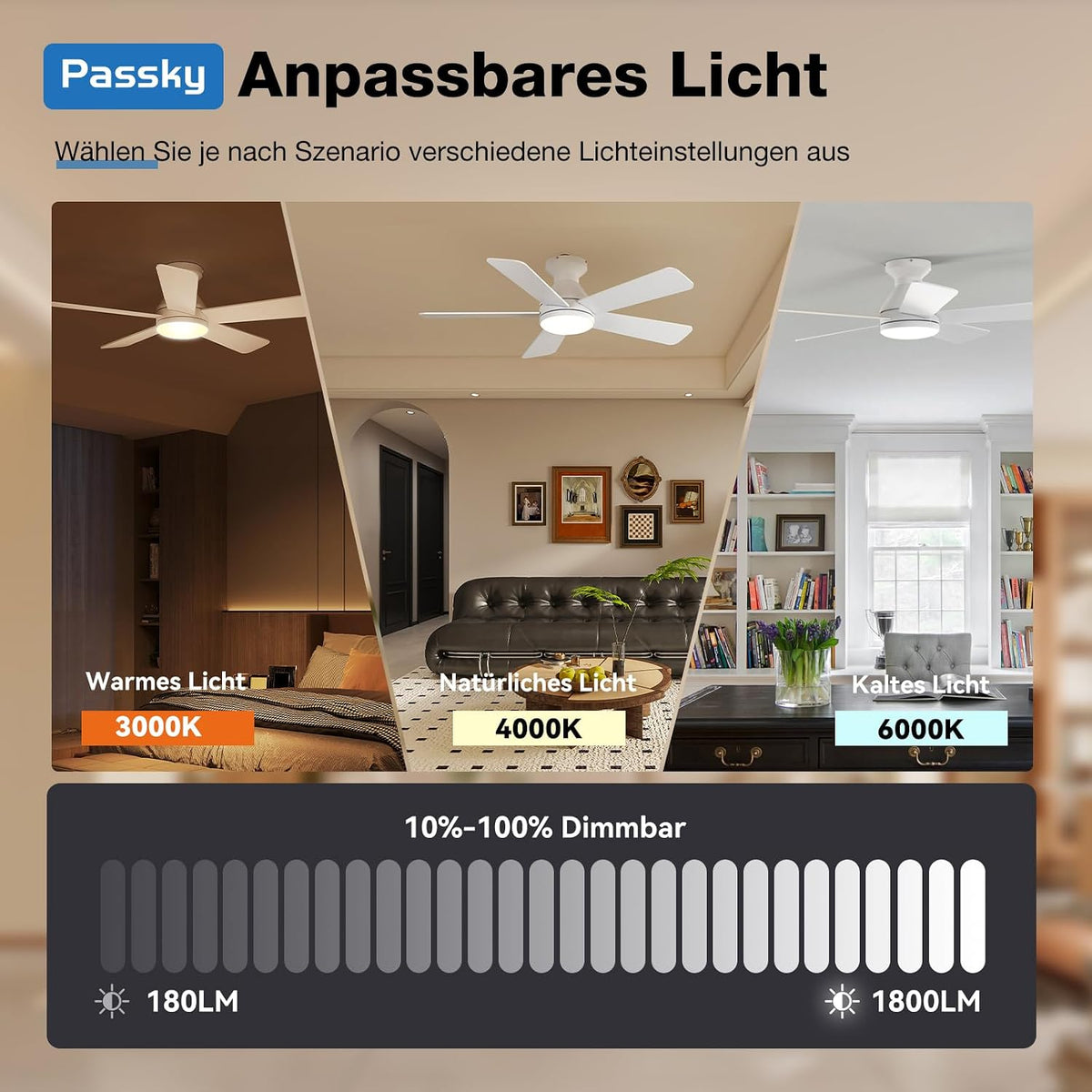 Passky 107cm Deckenventilator mit Beleuchtung & Fernbedienung, leiser DC-Motor, 6 Geschwindigkeiten, Dimmbare LED-Leuchte, 3 Farbtemperaturen, Weiß