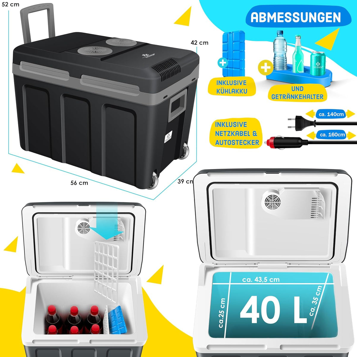 KESSER® Nevera eléctrica portátil 40L con Ruedas | Calienta y enfría | Termoeléctrica | Mini Nevera | 12V y 230V | para Coche, Camping y Enchufe | Modo Eco | Incluye acumuladores de frío