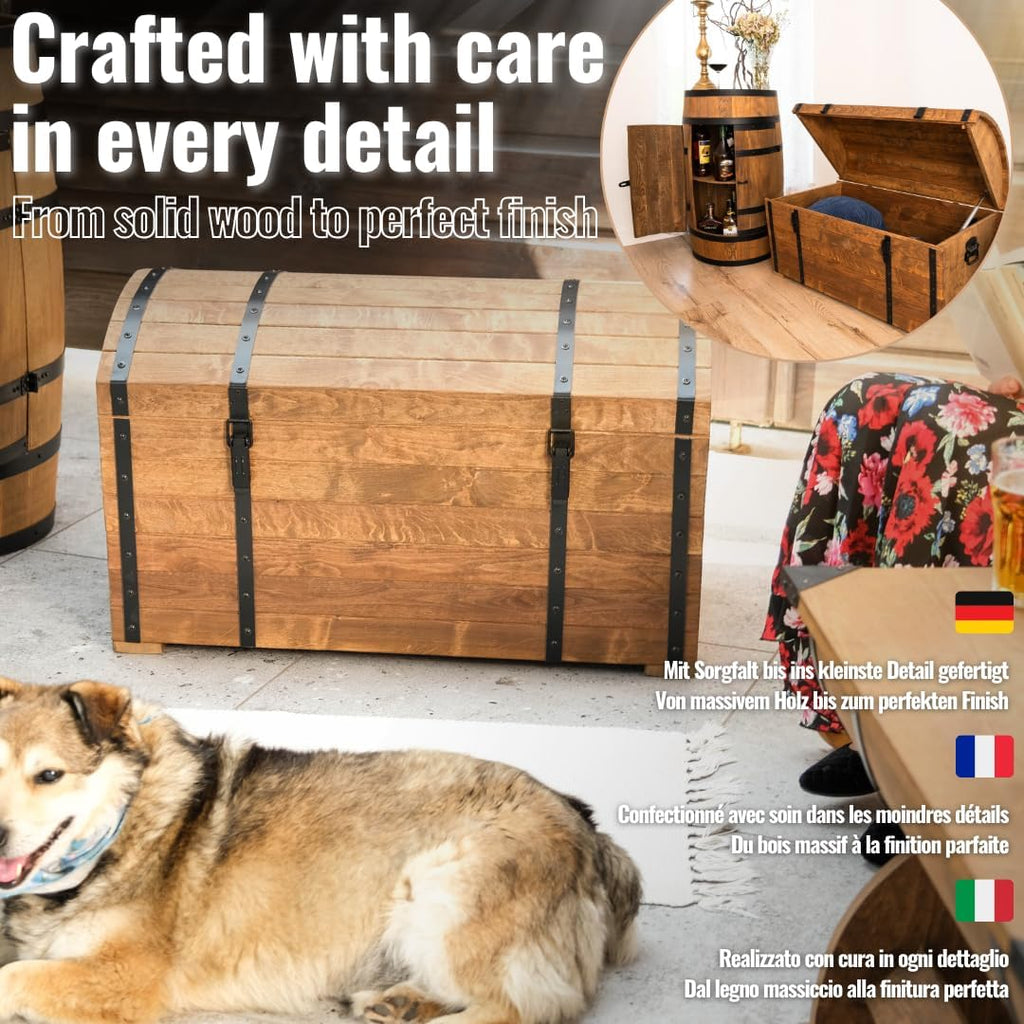 CREATIVE COOPER Holztruhe 180L – Klassischer Aufbewahrungskoffer aus geöltem Erlenholz – Vintage Design – Für Wohnzimmer, Terrasse & Garten – 80x50x50 cm