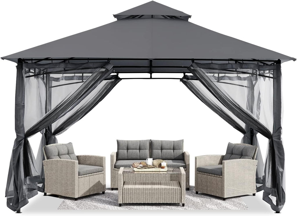 ABCCANOPY Pavillon 2.5x2.5m Wasserdicht Stabil Winterfest Gartenpavillon，Doppeldachweichdach Hinterhof-Partyzelt mit Netz für Schatten und Regen,Grau