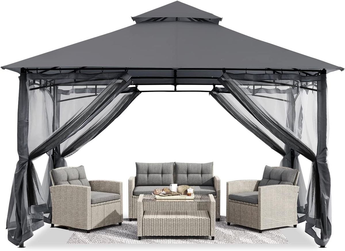ABCCANOPY Pavillon 2.5x2.5m Wasserdicht Stabil Winterfest Gartenpavillon，Doppeldachweichdach Hinterhof-Partyzelt mit Netz für Schatten und Regen,Grau