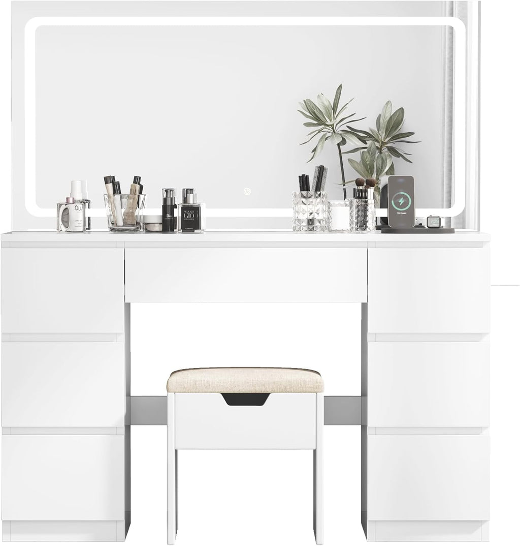 Schminktisch Groß mit Spiegel und LED Beleuchtung 115cm,Farbtemperatur Einstellbar, 7 Schubladen Schminktisch mit Steckdose Dressing Table mit Hocker,115x40x139cm,Weiß