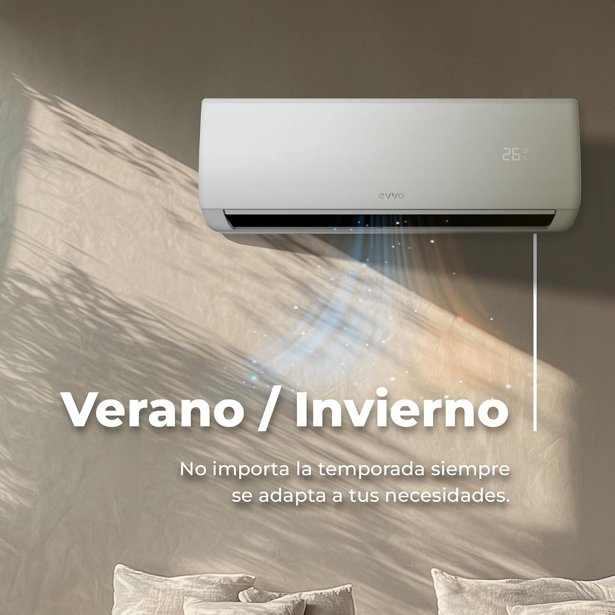 EVVO Splitklima-Klimaanlage, WLAN, Kühlung und Heizung, WLAN-Konnektivität, Invertermotor, Wärmepumpe, Klasse A++/A+, Luftentfeuchter, Kühlmittel R32 (9.000 BTU)