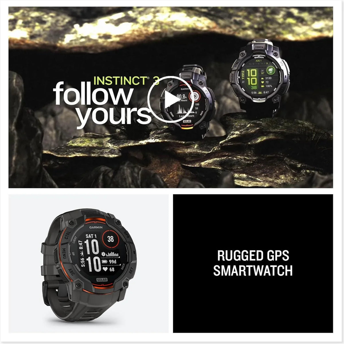 Garmin Instinct 3 GPS 50mm Smartwatch, Solar, Black Bezel