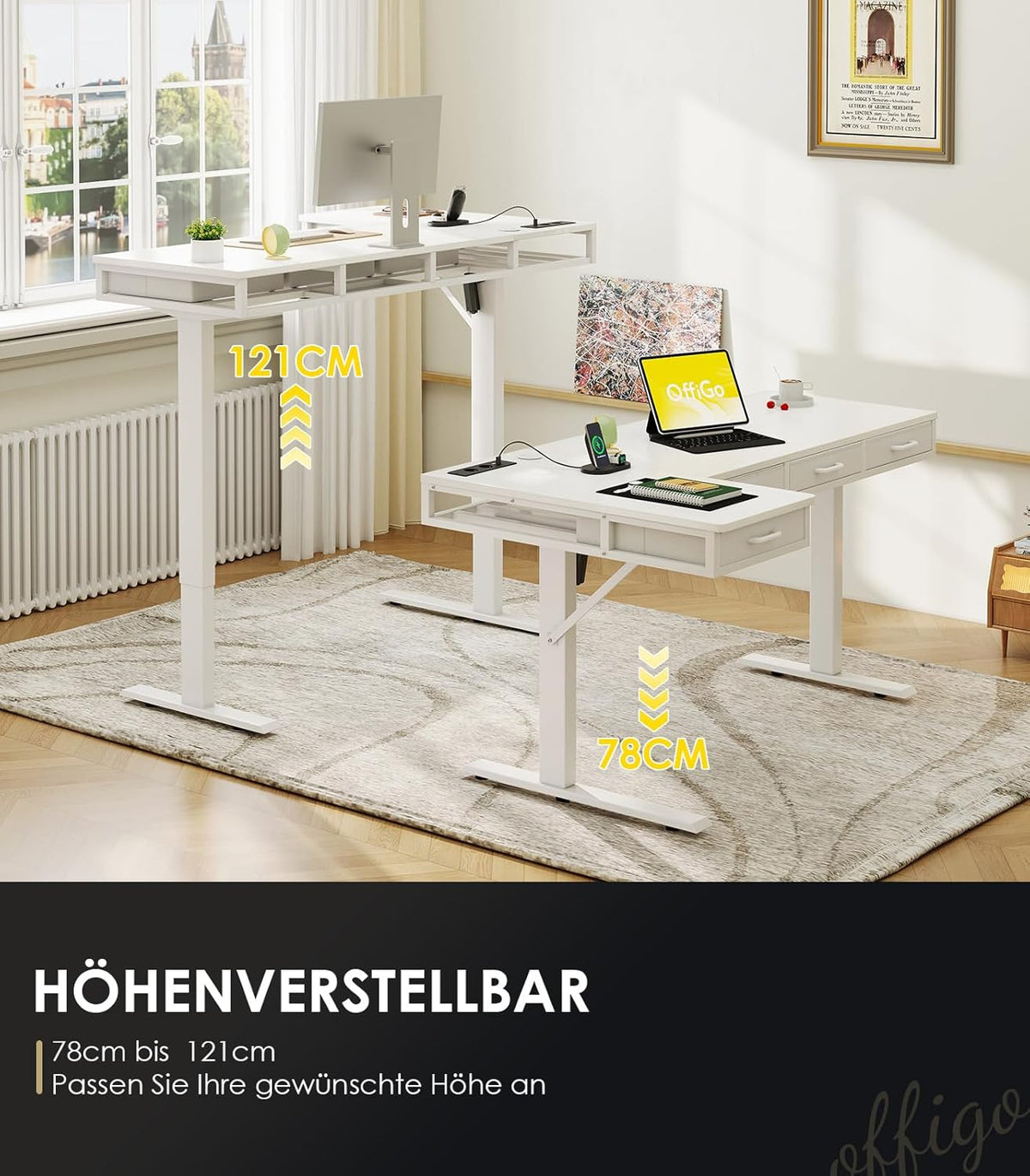 OffiGo Eckschreibtisch Höhenverstellbar, 140x80 cm Schreibtisch höhenverstellbar mit 4 Schublade, Elektrischer Tisch L Form mit Steckdose für Büro und Arbeitszimmer, Groß Ecktisch Weiß