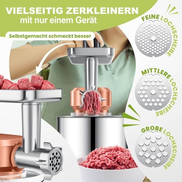KESSER® Küchenmaschine 3in1 mit Fleischwolf & Mixer, 1500W Knetmaschine 5,5L Rührschüssel + Spritzschutz, 6 Geschwindigkeiten, Knethaken, Schneebesen, Rührhaken & Raspeln, Backen & Kochen, Kupfer