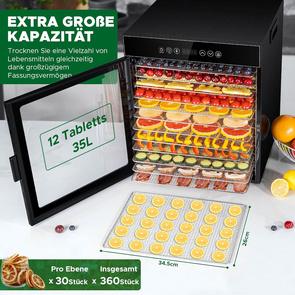 Kwasyo Dörrautomat Edelstahl, Dörrgerät 12 Etagen Ganz in Schwarz, 30-90℃ Temperaturregelung, 24 Stunden Timer, Rezeptheft für Fleisch Obst Gemüse Kräuter, 900W, LT-09