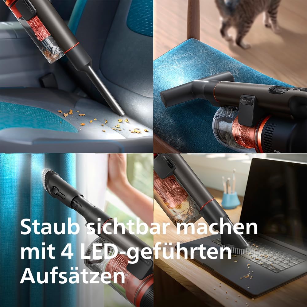 SpeedPro Max Kabelloser Stielstaubsauger 7000 Serie, Für Tierhaare, 360° Kraftvolle Saugkraft, Max. 80 Min., Verwicklungsfrei, Für Teppiche und Hartböden, 4 LED-Aufsätze (XC7065/01)