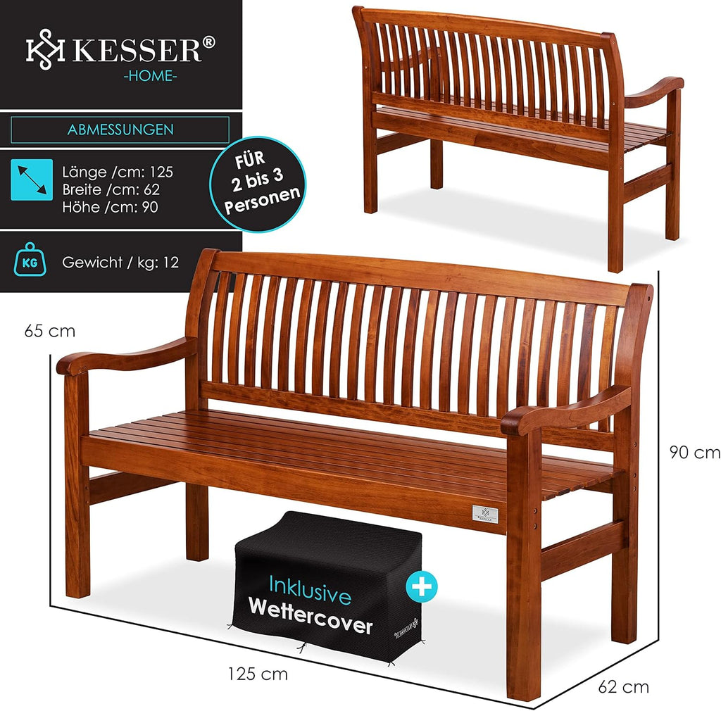 KESSER® Gartenbank Holz Holzbank wetterfest | Für 2 bis 3 Personen | Parkbank aus Massivholz | Sitzbank 320kg belastbar 125 cm | Balkonbank Bank für Balkon Terrasse & Garten inkl. Cover Dunkelbraun