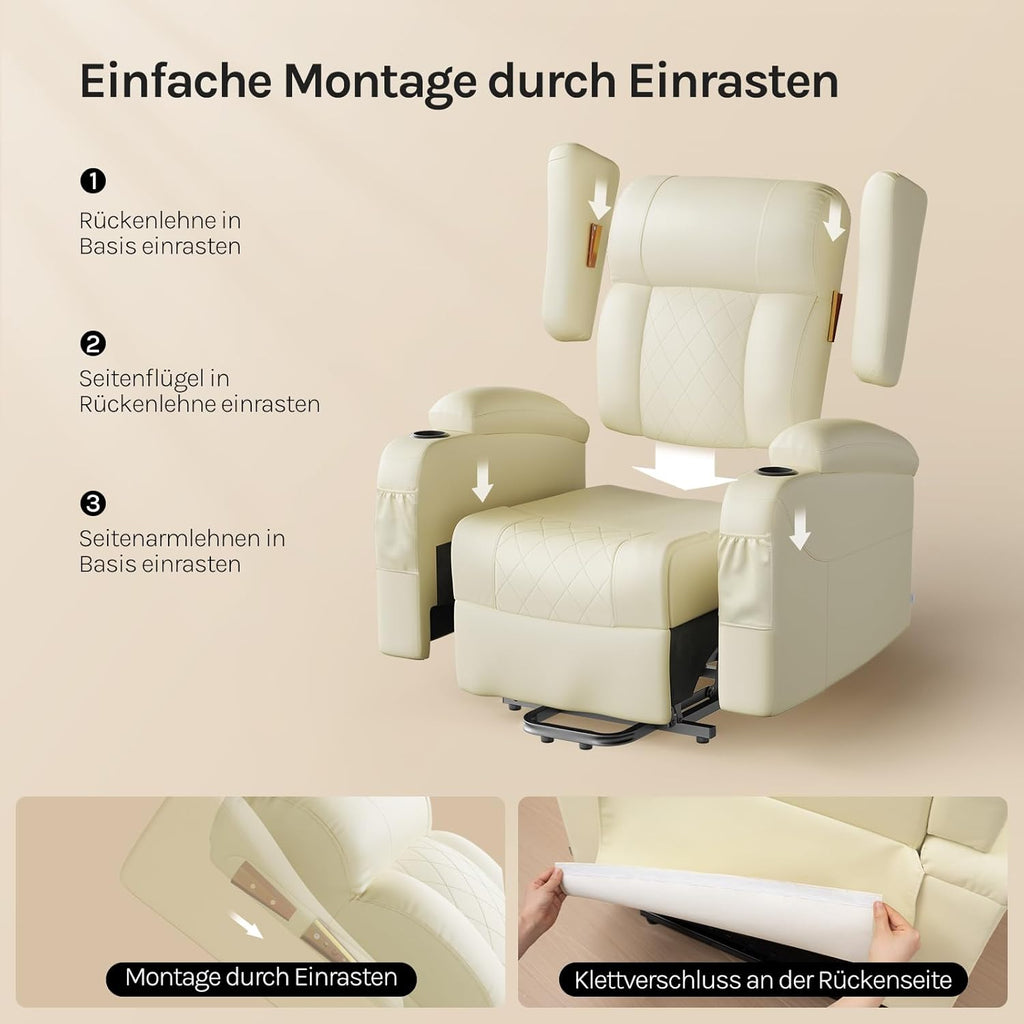 WOLTU Massagesessel, elektrisch verstellbar, mit Liegefunktion Aufstehhilfe, Massage Heizung Fußstütze Seitentaschen Becherhaltern USB-Port, Kunstleder, Beige