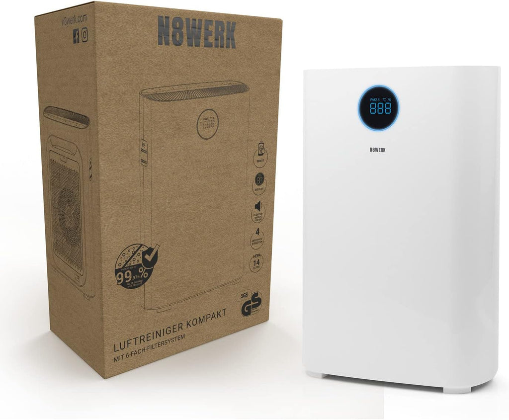 Luftreiniger mit 6-fach-Filtersystem | H14 Filter | CADR: 185 m³/h | Für Allergiker - filtert Pollen, Staub, Bakterien etc. | App-Steuerung | Inkl. UVC- Licht | Raumgröße bis zu 50 m²