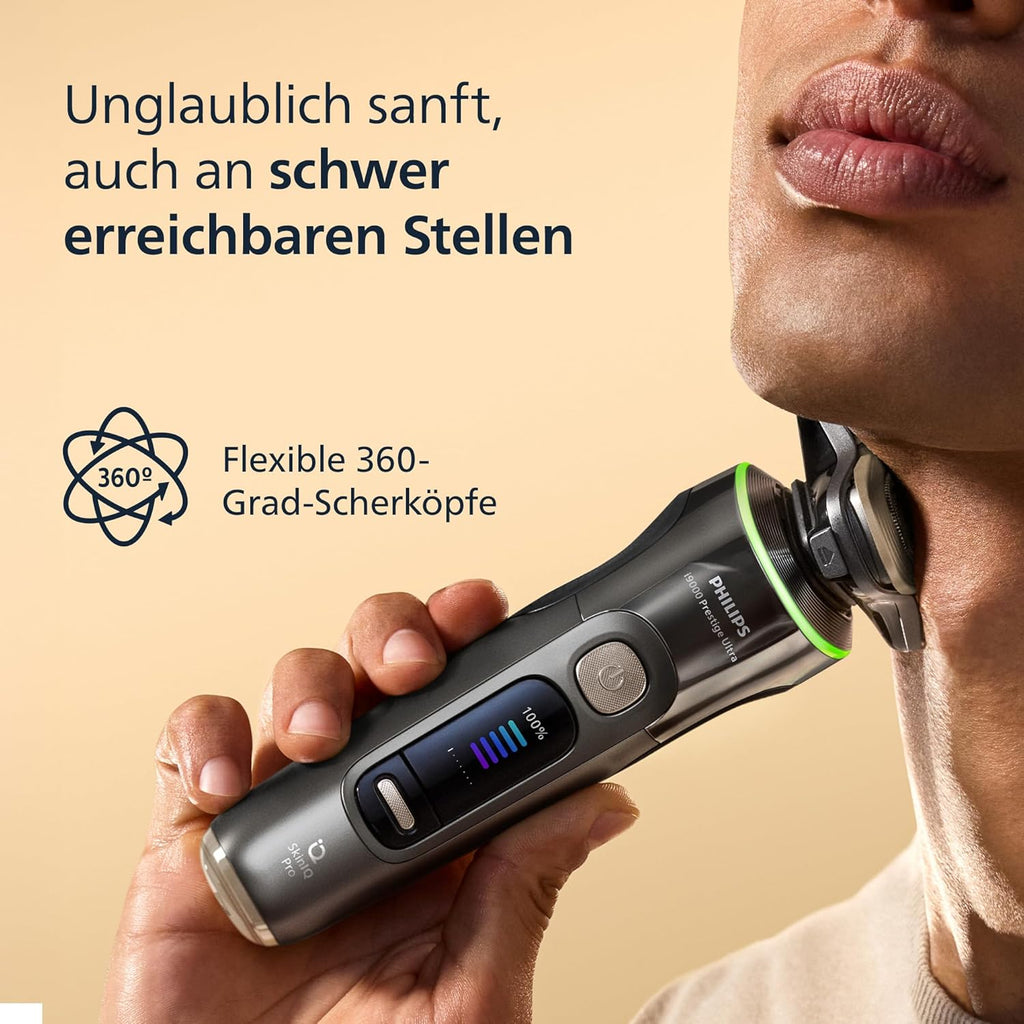 Rasierer i9000 Prestige Ultra, Nass- und Trockenrasierer für Herren, adriatic, Druck- und Bewegungssensor, 5+1 Bartstyler, Reinigungsstation, UV-Ladecase und Reiseetui (Modell XP9402/46)