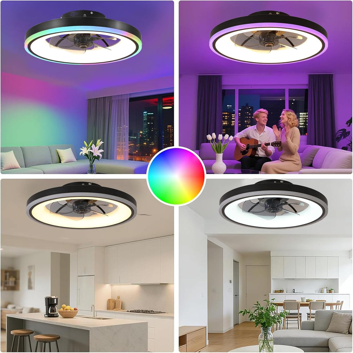 RGB Deckenventilator mit Beleuchtung, Leise Deckenlampe mit Ventilator mit Fernbedienung und APP, 6 Gang, 60W LED Deckenventilator mit Licht Dimmbar für Schlafzimmer, Wohnzimmer, 3000-6500k, 50cm