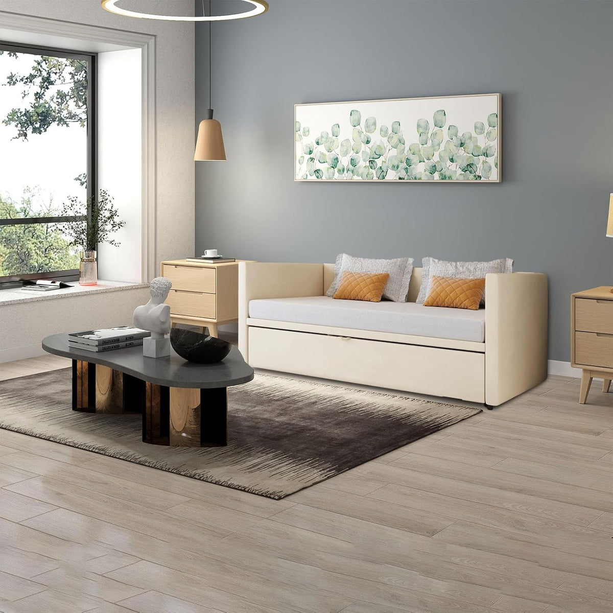 Schlafsofa 200cm Breit, Schlafcouch Ausziehbar, Schrankbett mit Sofa, Murphy Bed 90/180 x 200 cm, Polsterbett Tagesbett Ausziehbar mit Lattenrost, Doppelbett, Samtstoff, ohne Matratze (Beige)