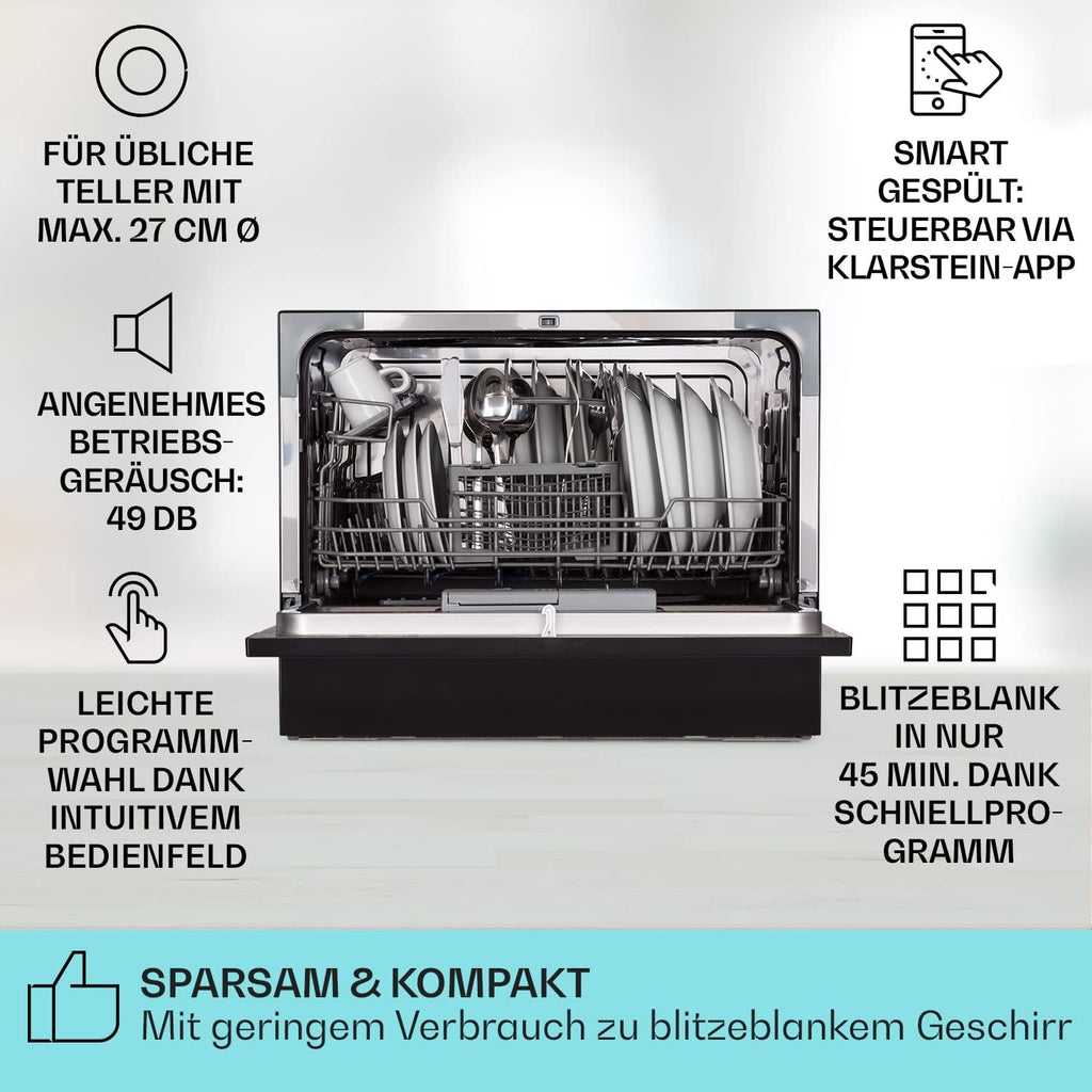 Klarstein  ia 8 - Spülmaschine, Geschirrspüler, Freistehend, Teilintegriert, F, 55 cm breit, 8 Maßgedecke, 6 Programme, Aquastop, silber