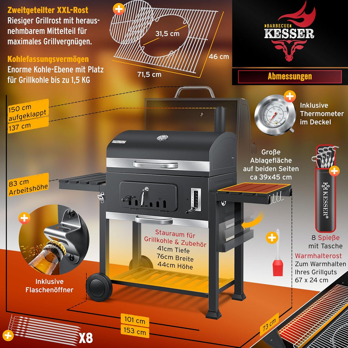 KESSER® Grill Grillwagen BBQ Smoker XXL Holzkohlegrill mit Deckel, Rädern, Edelstahl-Griff, Grillrost und Thermometer, 8 Spieße mit Tasche & Silikon-Pinsel, Standgrill, Kohlegrillwagen