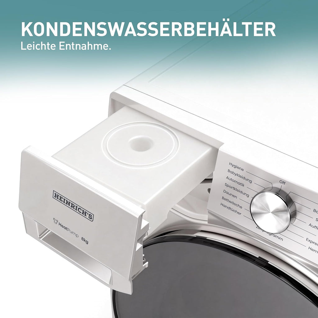 Heinrich´s Wärmepumpentrockner, 8 kg, Frontlader, Schnelltrocknung, 15 Programme, Sensor Trocknung, LED-Display & Drehregler, Edelstahl-Schontrommel, Innenbeleuchtung, schlankes Design, weiß