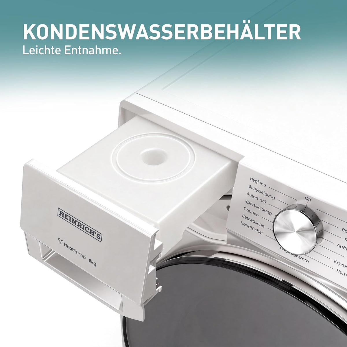 Heinrich´s Wärmepumpentrockner, 8 kg, Frontlader, Schnelltrocknung, 15 Programme, Sensor Trocknung, LED-Display & Drehregler, Edelstahl-Schontrommel, Innenbeleuchtung, schlankes Design, weiß