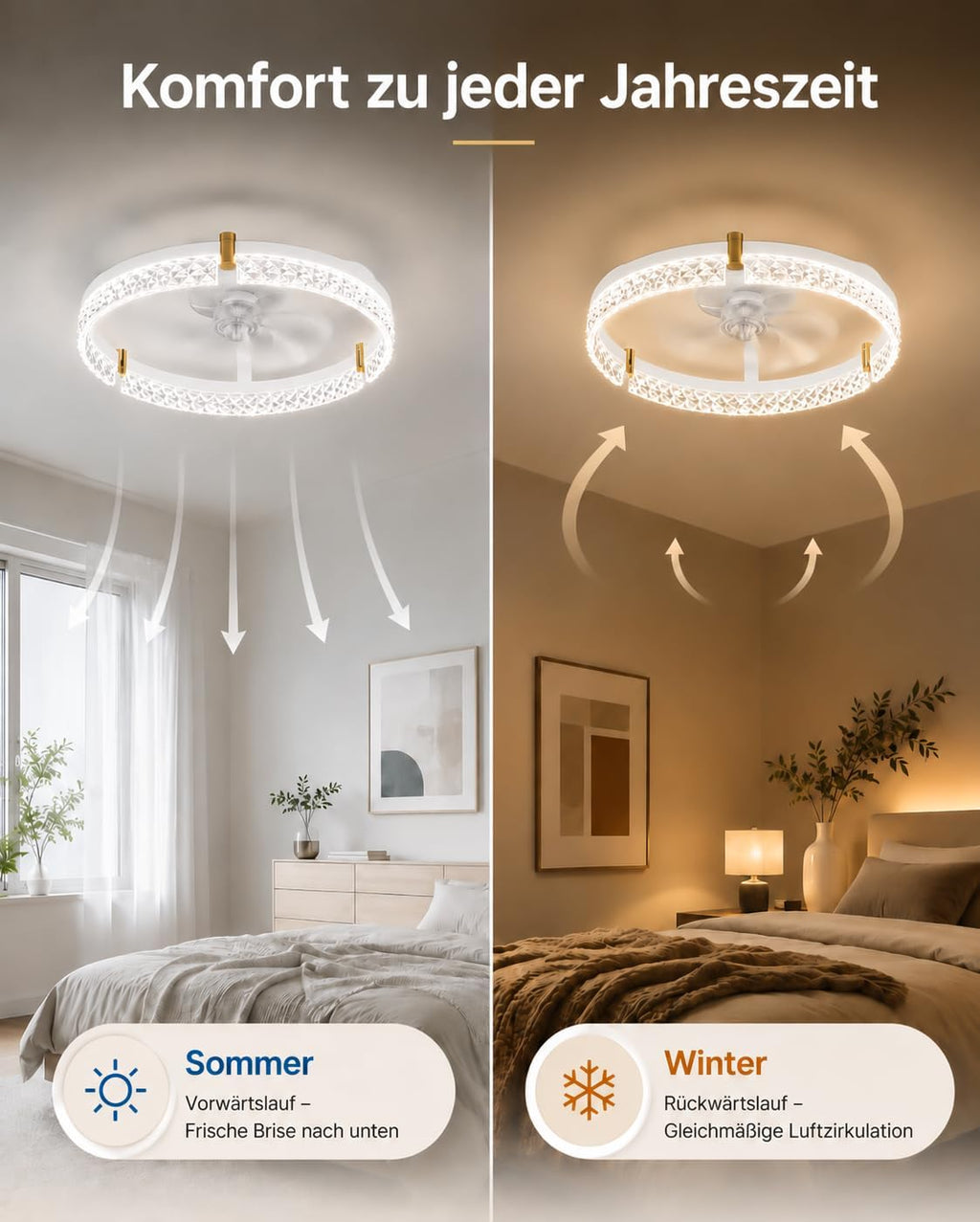 Airwit 50cm Deckenventilator mit Beleuchtung, Lampe mit Ventilator in Glasoptik, Deckenlampe mit Ventilator leise dimmbar, 3000K-6000K stufenlos, 6 Windstufen, Timer 1/2/4H, App Fernbedienung, Weiß