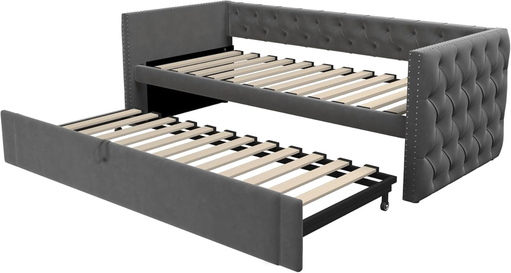 Polsterbett Ausziehbares Schlafsofa 90/180 * 200 cm mit Lattenrosten, Multifunktionsbett aus hautfreundlichem Samtstoff Dunkelgrau，Klassische Vollform mit Knöpfen