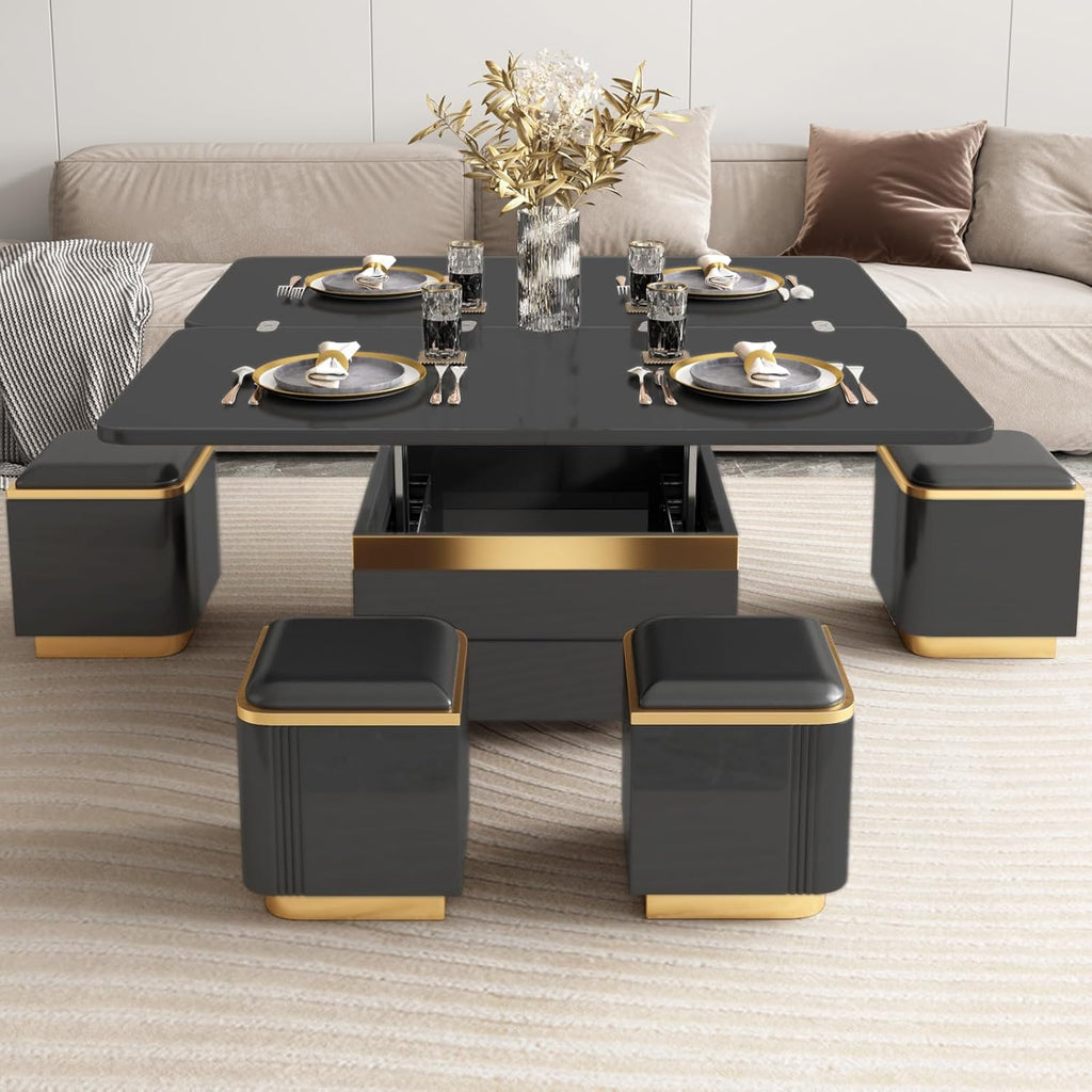 Guyii Höhenverstellbarer Couchtisch 120 cm lang mit Ablage, Multifunktionaler Cauchsofa Tisch, Coffee Table mit integriertem Stauraum und Klapptisch, Moderner Design für Wohnzimmer (schwarz)