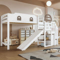 Etagenbett 90x200 cm, Kinderbett Mit Rutsche, Stauraumbett mit 2 Schließfächer in der Treppe, Mit Offenes Regal, mit Fenster, Rausfallschutz Geländer, Kiefer, Weiß+Braun (Ohne Matratze)