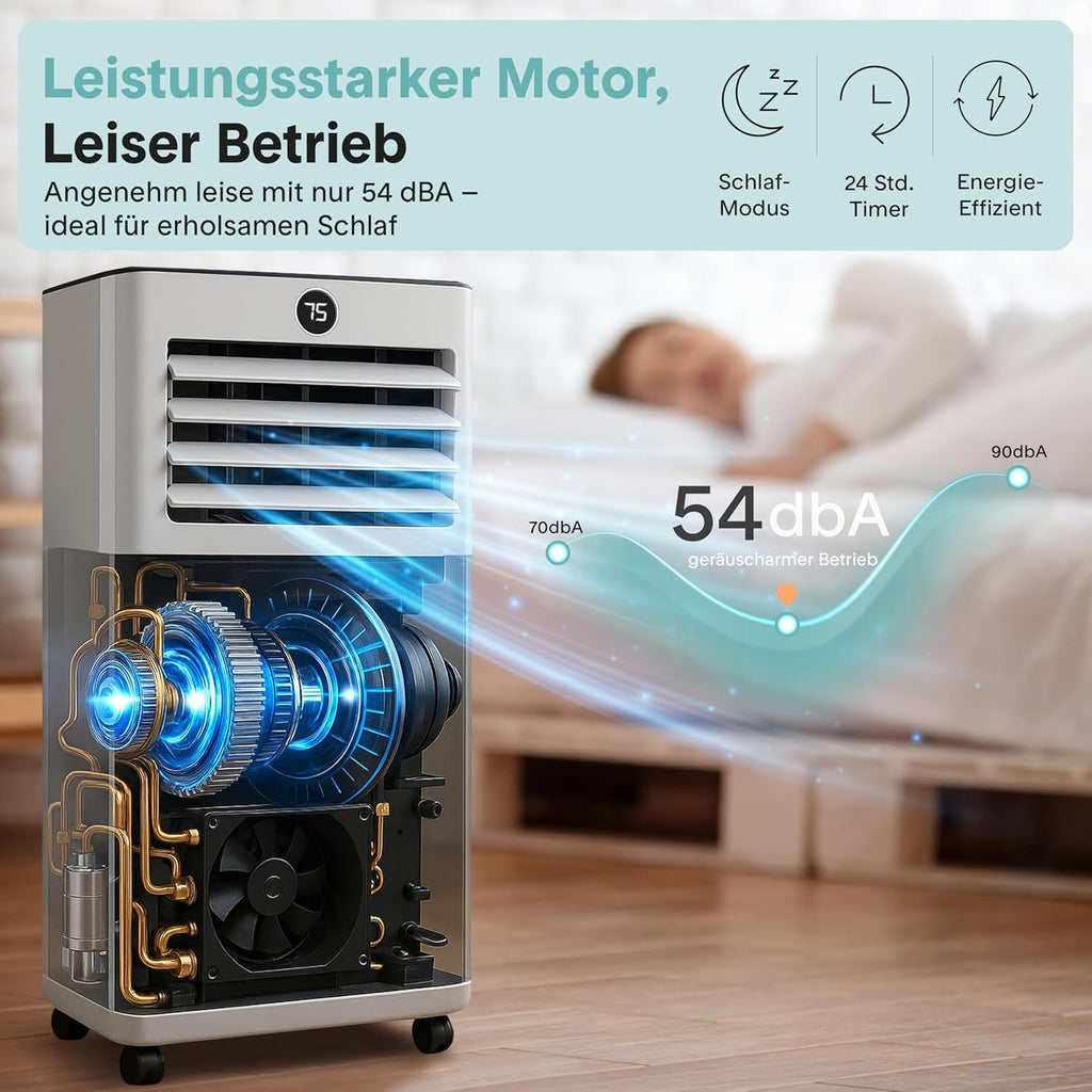 SereneLife Klimaanlage 7000BTU 2.05kW- 4-in-1 Mobiles Klimagerät mit WLAN, Heizen, Entfeuchten, Ventilator für Räume bis 28 m², inkl. Abluftschlauch und Fensterkit, 24h- Timer, 54db