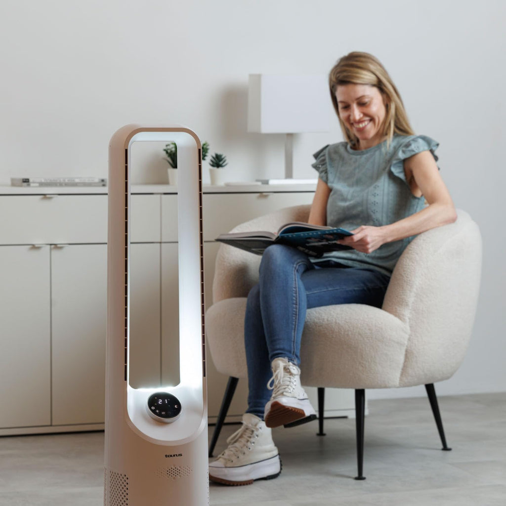 Taurus Babel Endless Turmventilator mit digitalem Brushless-Motor, sehr leise, 12 Geschwindigkeiten, LED-Touchscreen, Oszillation, 12-Stunden-Timer und Fernbedienung, Ventilator ohne A