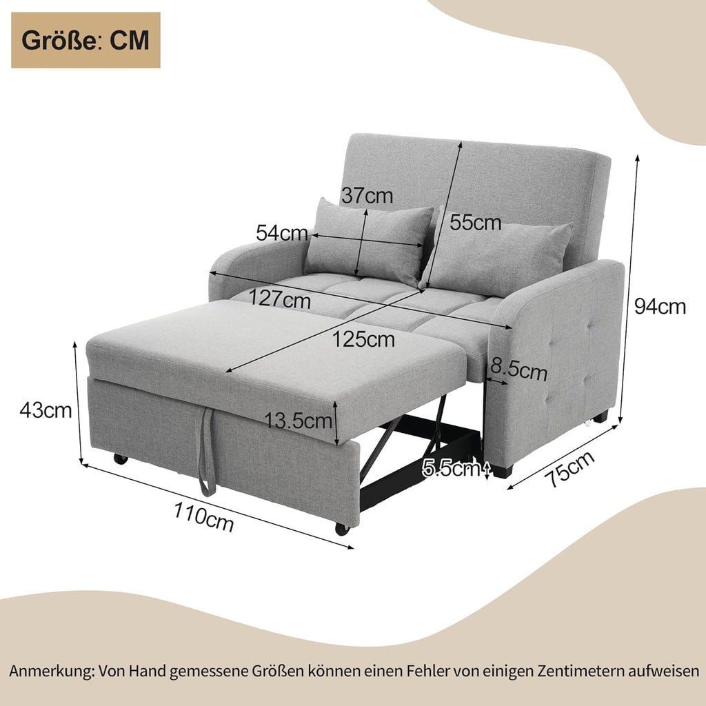 Zweisitzer Sofa mit Schlaffunktion, Verstellbares Rückenteil Sofa, klappsofa mit schlaffunktion, Komfort SofaBett für kleine Wohnungen Studentenwohnheime, 127x75 cm, Dunkelgrau