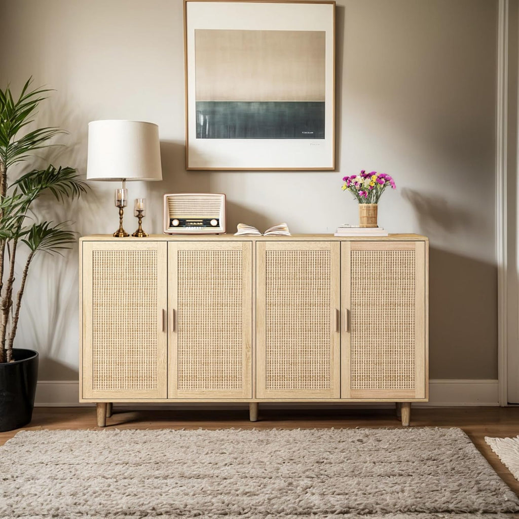 Sideboard mit verstellbaren Ablagen, Modernen Kommode mit 4 Türen, Rattan TV-Tisch mit viel Stauraum für Esszimmer, Wohnzimmer & Schlafzimmer, 158x40x88cm, Easy Assembly Holzfarbe (Holzfarbe)