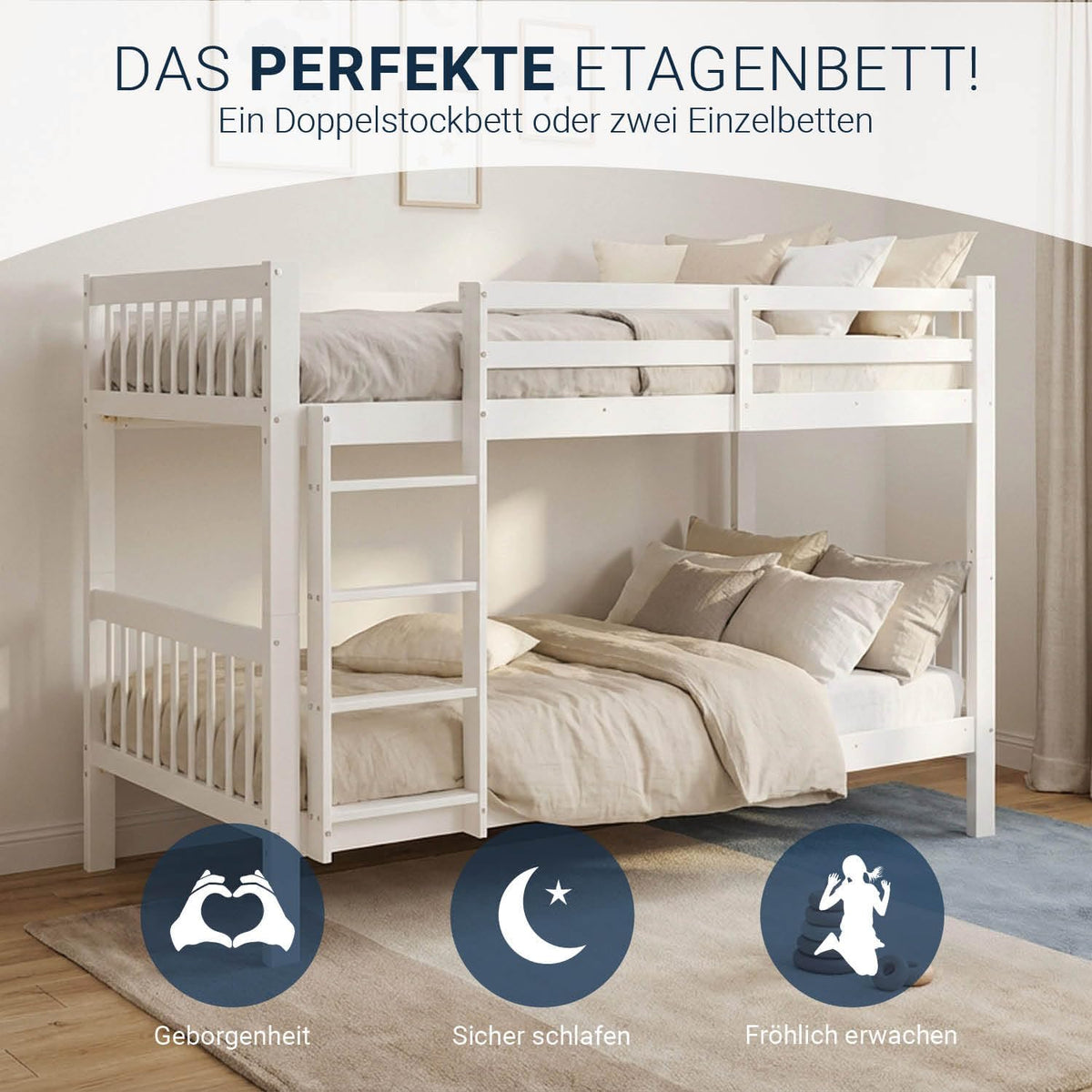 Homestyle4u, Etagenbett 2 Kinder 90x200 mit Treppe Weiß Holz Kiefer Hochbett 90x200 teilbar zu 2 Kinderbetten Doppelstockbett