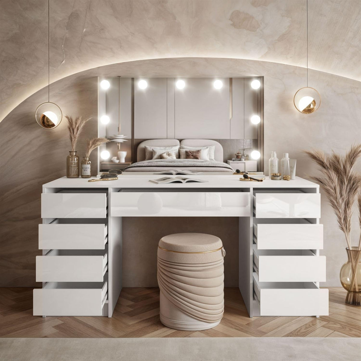 Lookway Schminktisch MADA Elite II mit LED-Spiegel - Eleganter Kaschmir oder Weiß Hochglanz, Wandmontage, Geräumige Schubladen (Weiß/Weiß Hochglanz)