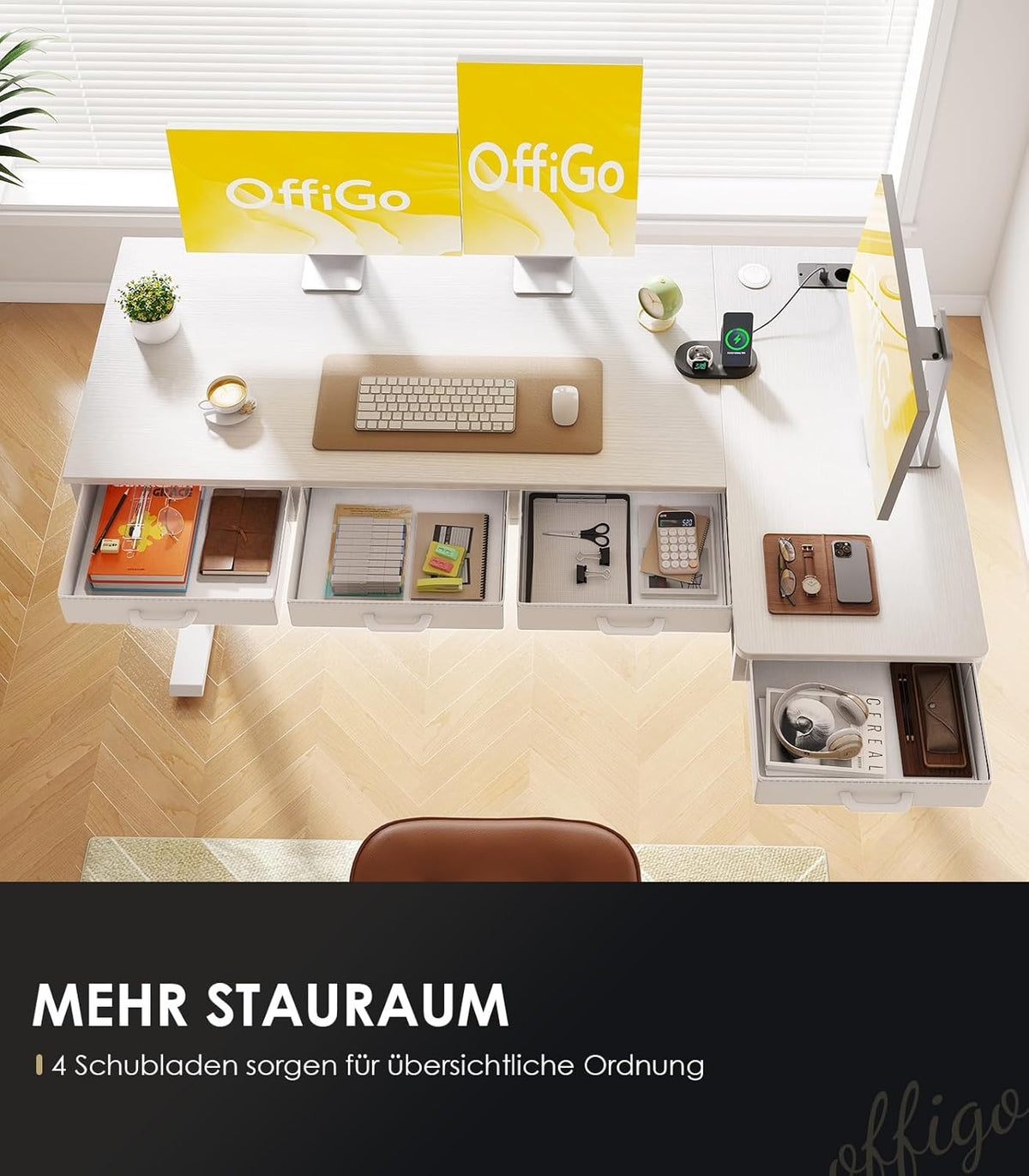OffiGo Eckschreibtisch Höhenverstellbar, 140x80 cm Schreibtisch höhenverstellbar mit 4 Schublade, Elektrischer Tisch L Form mit Steckdose für Büro und Arbeitszimmer, Groß Ecktisch Weiß