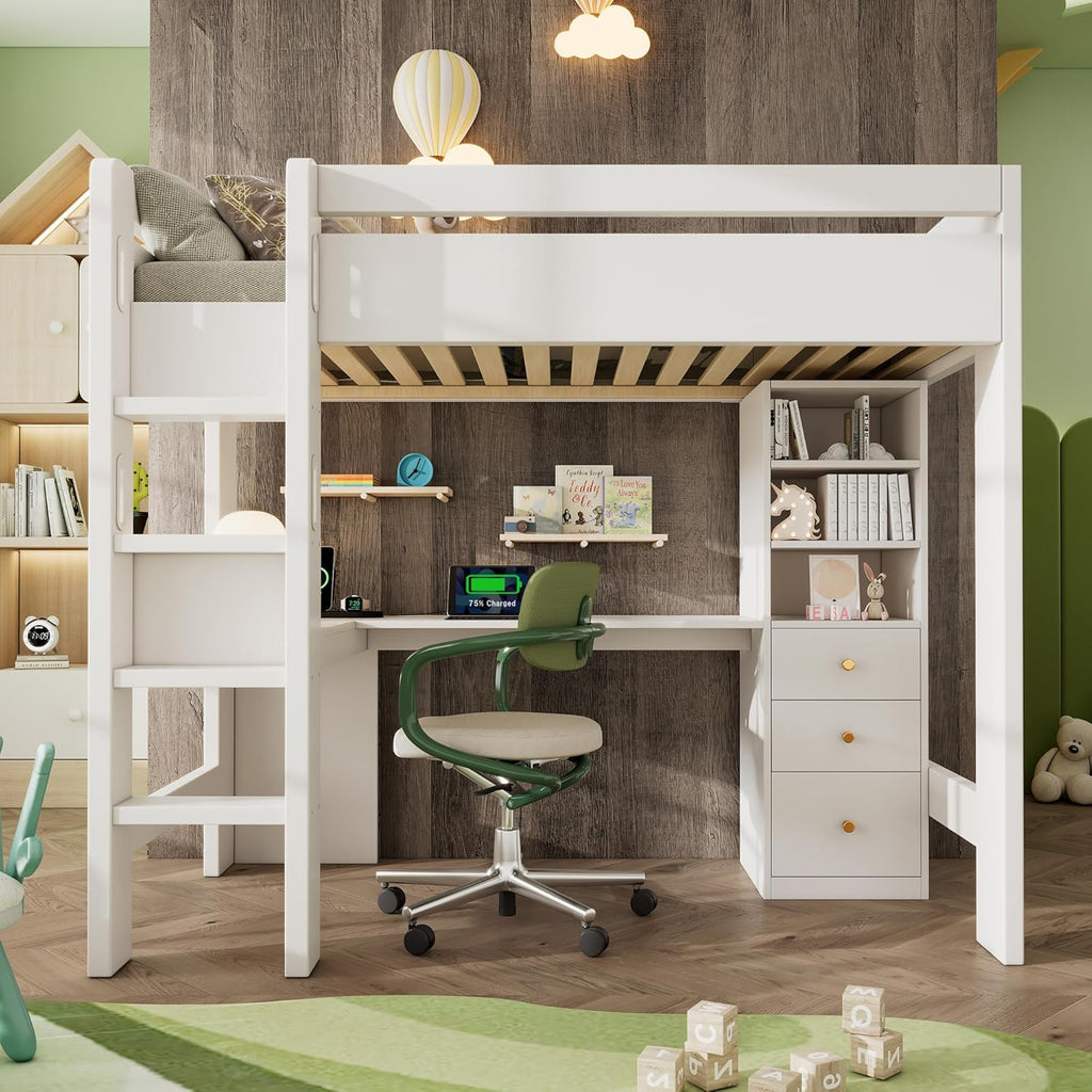 Hochbett Kinderbett 90×200 cm mit Schreibtisch und USB-C, Bett mit Regal und Schubladen Stauraum, Etagenbett mit Leiter, Holzbett mit Rausfallschutz und Lattenrost aus Holz, Weiß, Ohne Matratze