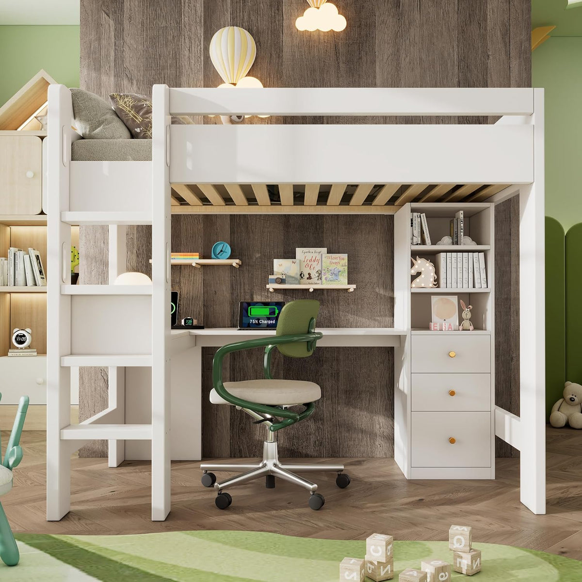 Hochbett Kinderbett 90×200 cm mit Schreibtisch und USB-C, Bett mit Regal und Schubladen Stauraum, Etagenbett mit Leiter, Holzbett mit Rausfallschutz und Lattenrost aus Holz, Weiß, Ohne Matratze