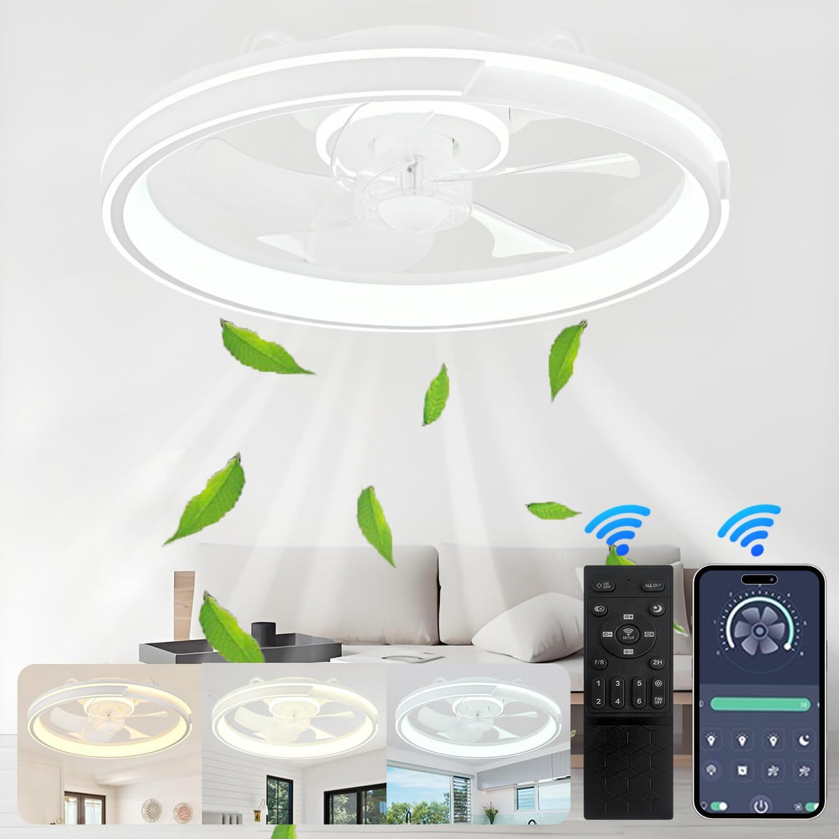 LED Deckenventilator mit Beleuchtung und Fernbedienung, Leise, 64W APP Dimmbare Deckenleuchte mit Ventilator, Umkehrbare 6-Speed Lampe mit Ventilator, 5 Lüfterflügel, Timer, (Weiß)