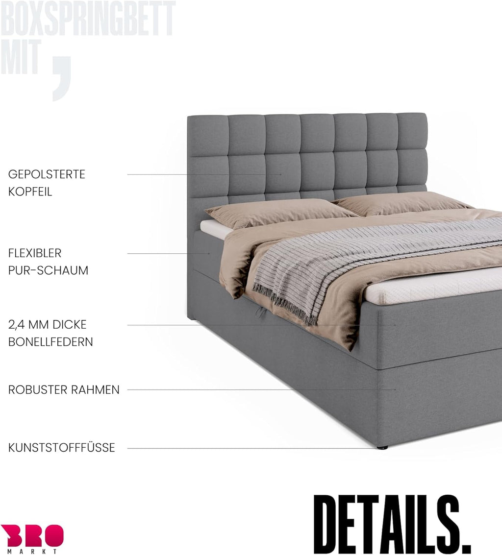 BROMARKT Boxspringbett mit Bettkasten Polsterbett mit Bonell-Matratze und Topper Bett für Schlafzimmer gepolstertes Kopfteil Dakota bonellfedern 140x200 Härtegrad H3 Grau Malmo