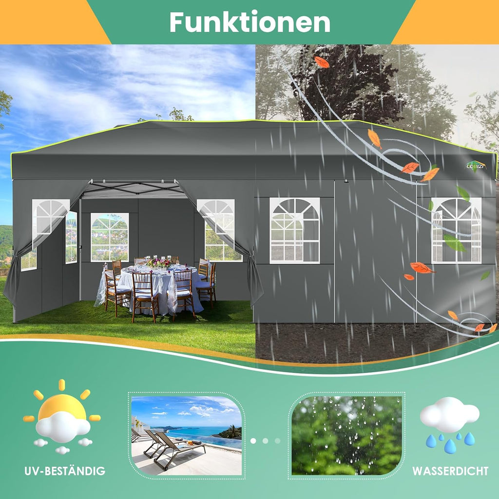 COBIZI Faltpavillon 3x6 Pavillon wasserdicht Winterfest, EIN-Tasten-Zentralverriegelung Partyzelt Faltbar Anti-UV mit Fluoreszierenden Streifen, 6 Seitenwänden, Gartenpavillon für Hochzeiten, Freien