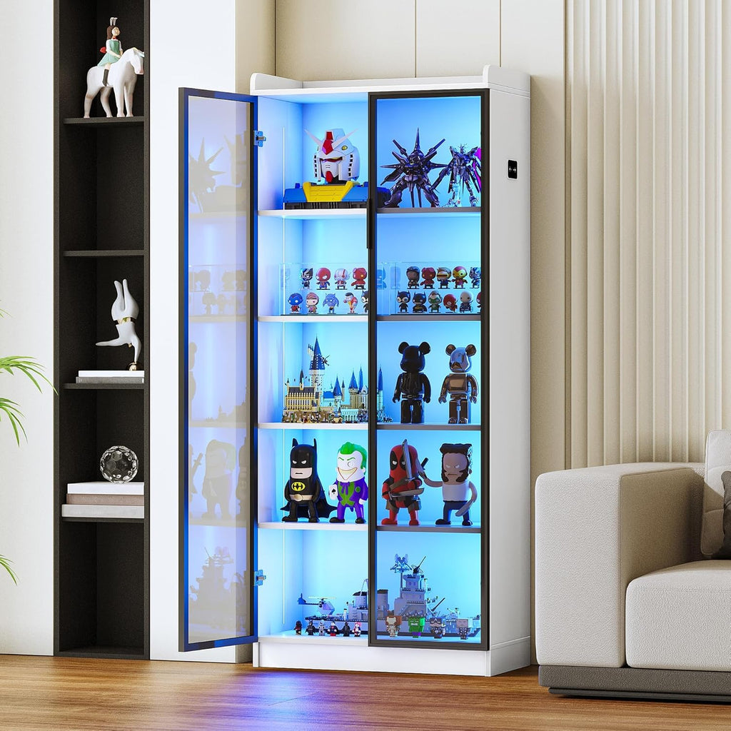 Gurexl Vitrine mit LED Beleuchtung und Intelligente Sensorik für Kuriositäten,Vitrinenschrank mit 5 Höhenverstellbaren Böden und Acryltür für Wohnzimmer,Persönliches Büro,Studie,Schätze,Weiß