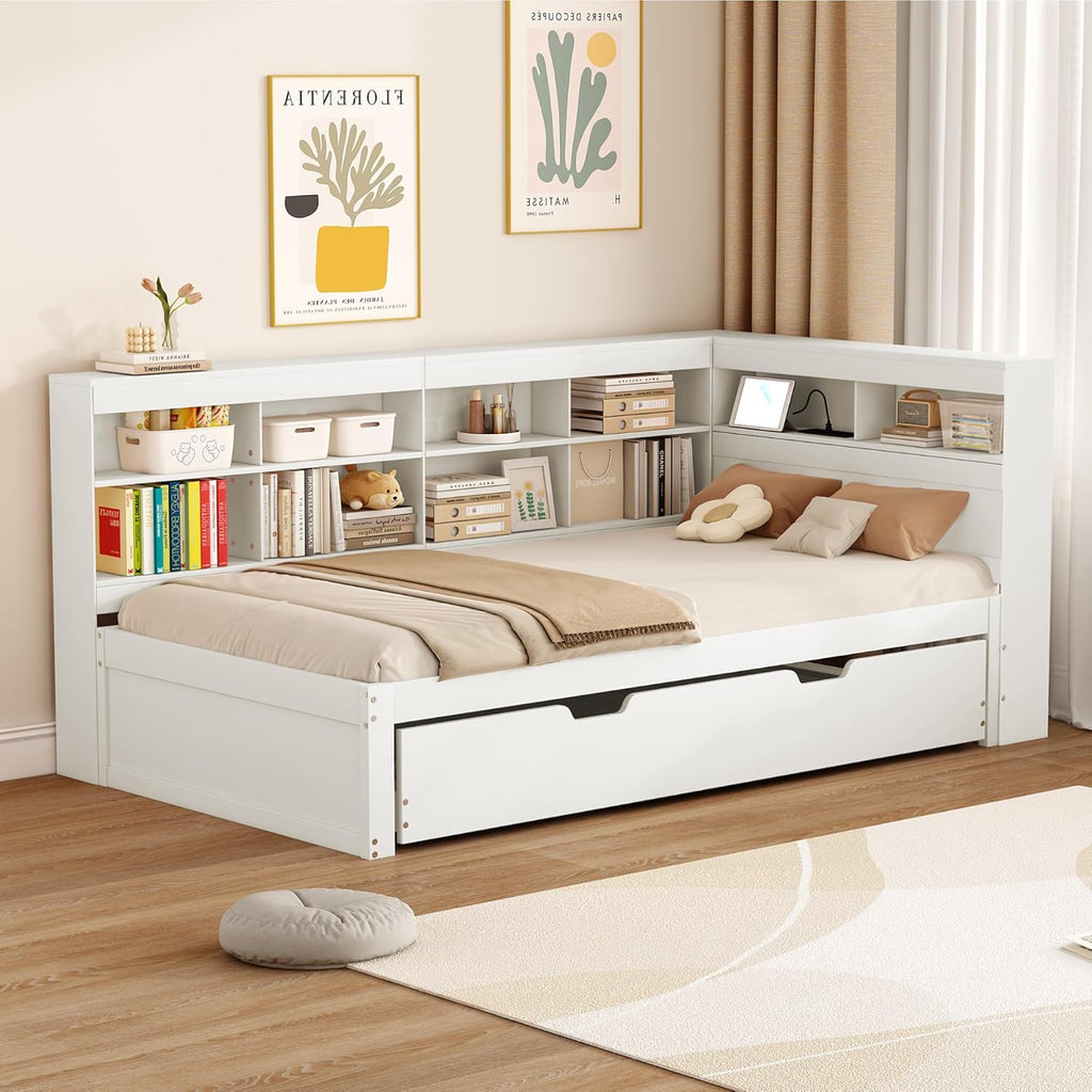 Plattformbett mit Ausziehbett 90x200cm(90x190cm), Ausziehbares Schlafsofa Tagesbett mit Bücherregal & USB Ladefunktion, Multifunktionsbett Gästebett Daybett Kinderbett Jugendbett, Ohne Matratze, Weiß
