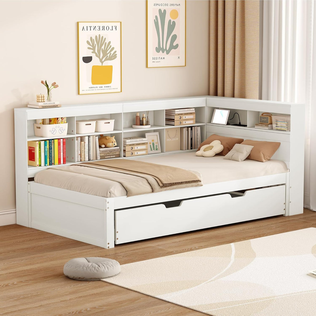 Plattformbett mit Ausziehbett 90x200cm(90x190cm), Ausziehbares Schlafsofa Tagesbett mit Bücherregal & USB Ladefunktion, Multifunktionsbett Gästebett Daybett Kinderbett Jugendbett, Ohne Matratze, Weiß