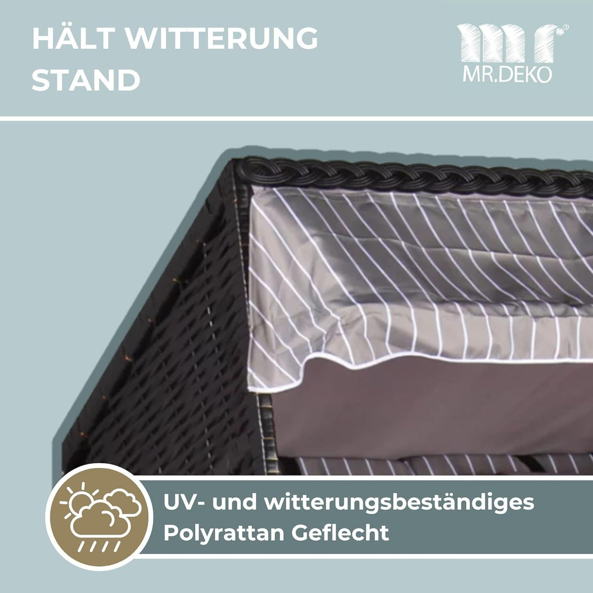 Strandkorb Ostsee Wacholder PE Schwarz (Dessin Royal Grau) | 2 Sitzer-Strandkorb wetterfest | Volllieger Hartholz Zweisitzer | Strandkörbe Balkon | Beach Chair Garten