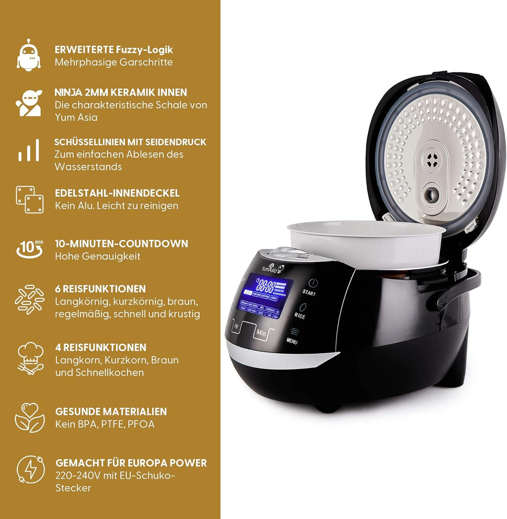 Yum Asia Sakura Reiskocher mit Keramikschale und Advanced Fuzzy Logic (8 Tassen, 1,5 Liter), 6 Reiskochfunktionen, 6 Multikocherfunktionen, Motouch LED-Display, 220-240V EU (schwarz und silber)