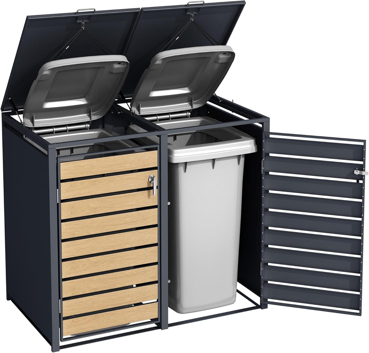 ESTEXO Mülltonnenbox Mülltonnenverkleidung mit Deckel Aufbewahrungsbox Müllbox Anthrazit mit Holzdekor (2 Türen)