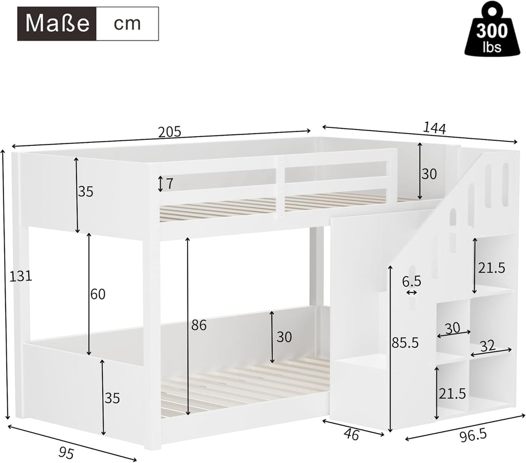 Hochbett Etagenbett 2 Kinder 90x200 cm mit Treppe, Kinderbett Mit & Schließfächern & Rausfallschutz, Kinderzimmer kinderhochbett, Stockbett für Mädchen Junge, Weiß